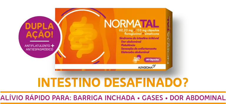 Imagem publicitária do medicamento Normatal, com destaque para “Dupla Ação” (antiflatulento e antiespasmódico) e indicação de alívio rápido para barriga inchada, gases e dor abdominal.