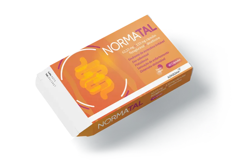 Embalagem do medicamento Normatal em tons de laranja, apresentada em perspetiva inclinada, com indicação de 60 cápsulas.